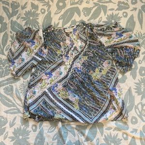 Size 14 Maeve Anthropologie Boho Bohemian Pattern Lightweight Blouse White Blue